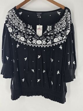 Lauren Ralph Lauren Black Embroidered Peasant Top With Short Sleeve Sze Women 2X